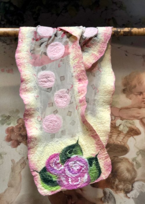Agnes Foss - Felted Merino Scarf / Wrap - Pink Roses on Cream Background with Pink Edging and Organza Insert